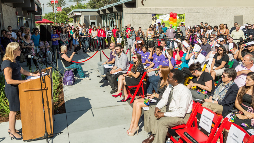 CSUN President Dianne F. Harrison addresses the crowd at the Pride Center Grand Opening