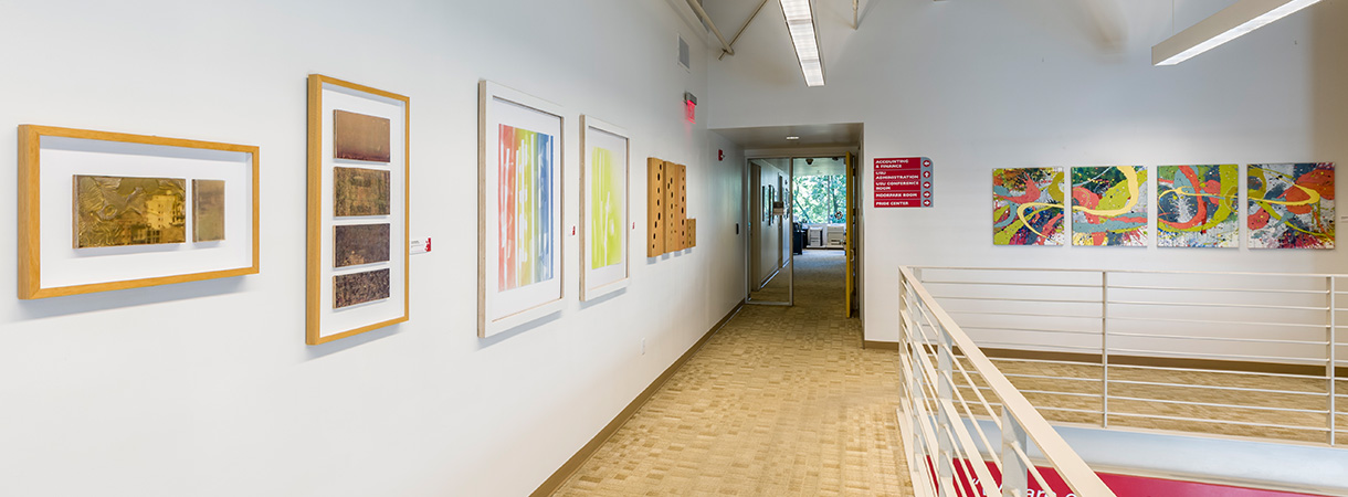 Second floor of USU Sol Center showing Student Art Collection gallery
