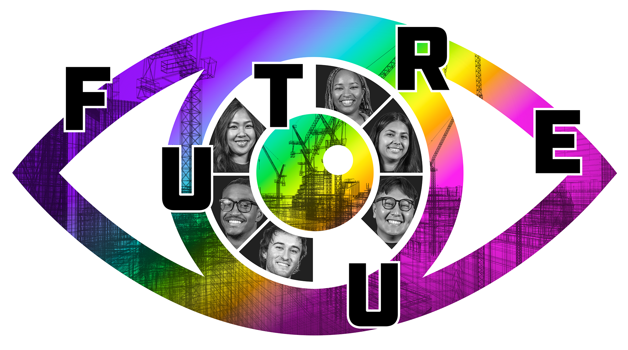 Illustration of eye containing student faces with the word FUTURE.