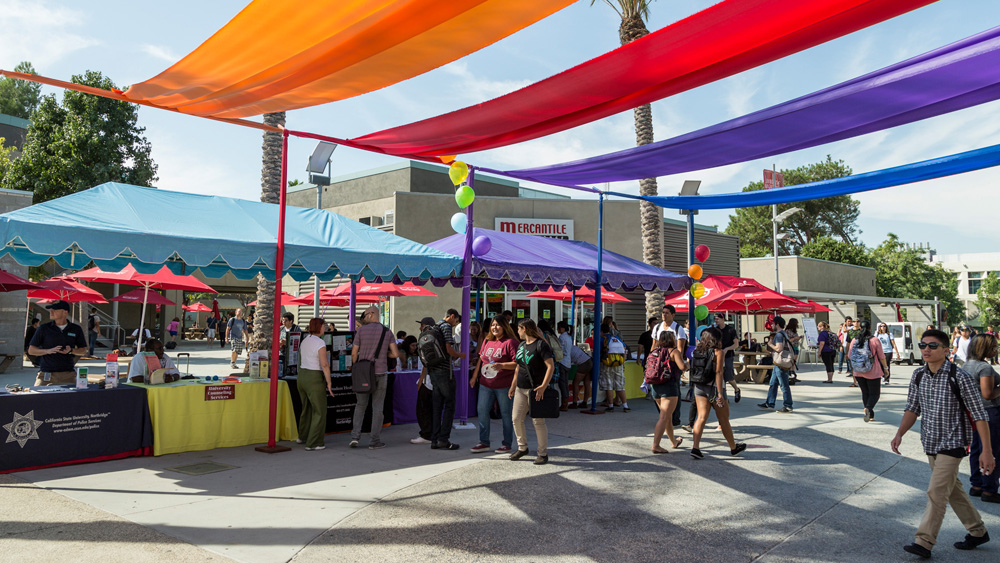 The Plaza del Sol is filled with booths and multi-colored banners during the Pride Center Grand Opening