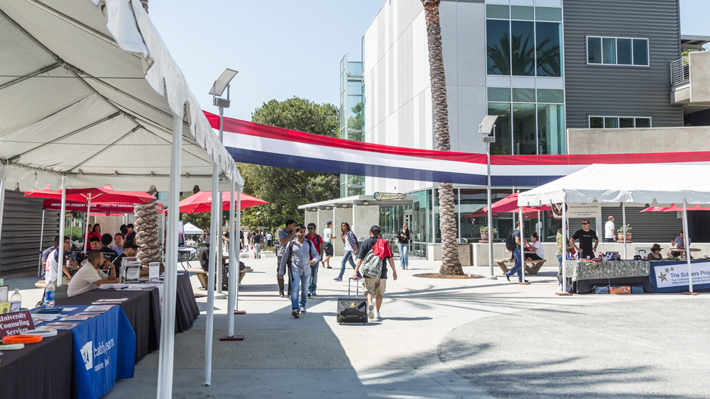Red, white and blue adorn the USU Plaza del Sol during the VRC Grand Opening
