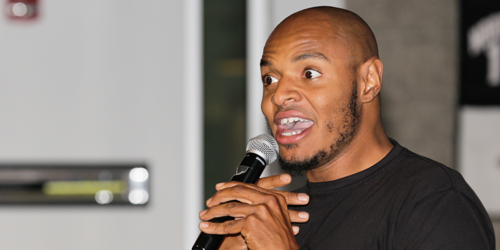 A comedian performing at the Operation Comedy Event