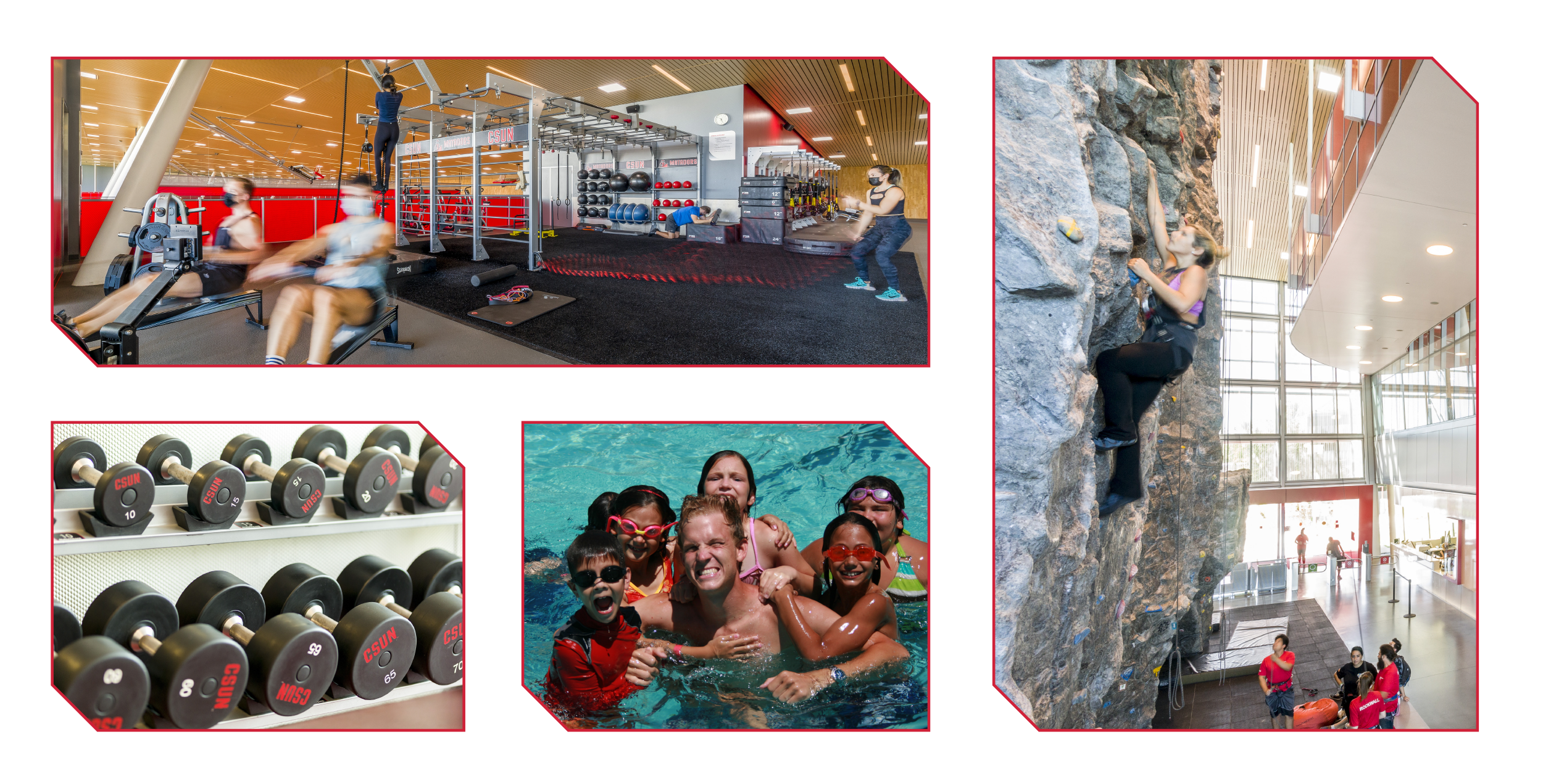 Images of SRC Top Level Training Zone, Rock Wall, weight rack and Sunny Days campers in the Rec Pool