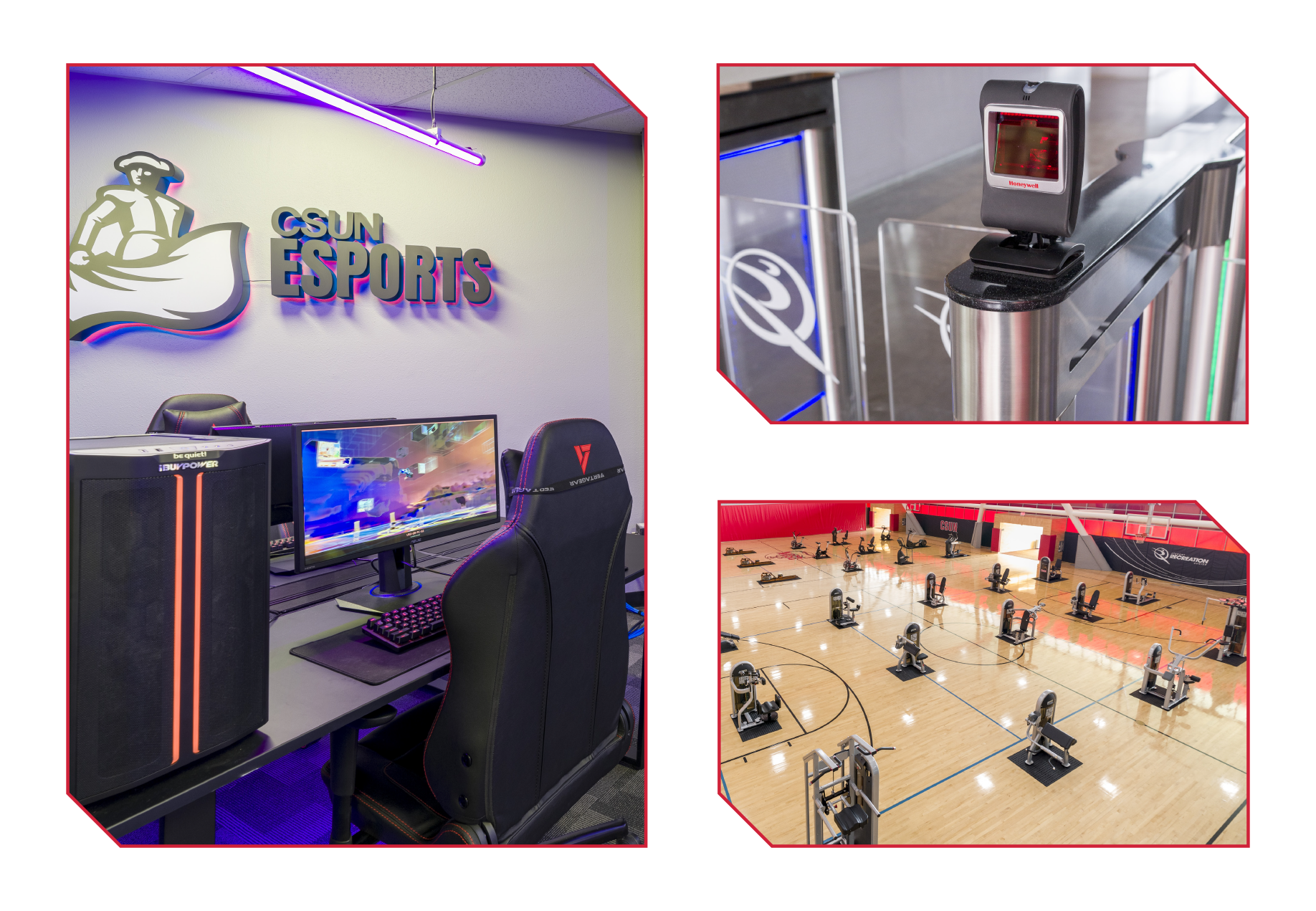 Images of Games Room Esports area, SRC turnstile with barcode scanner and fitness equipment placed in the Red Ring Courts